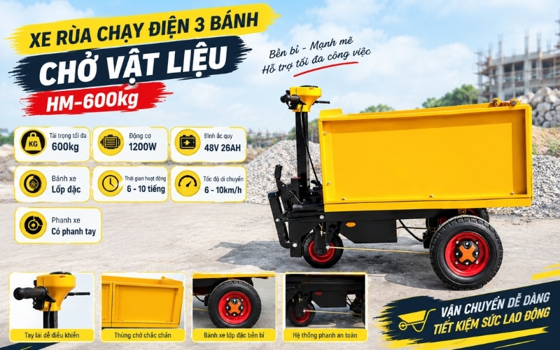 Thông số kỹ  thuật xe rùa chạy điện 3 bánh chở vật liệu HM-600kg